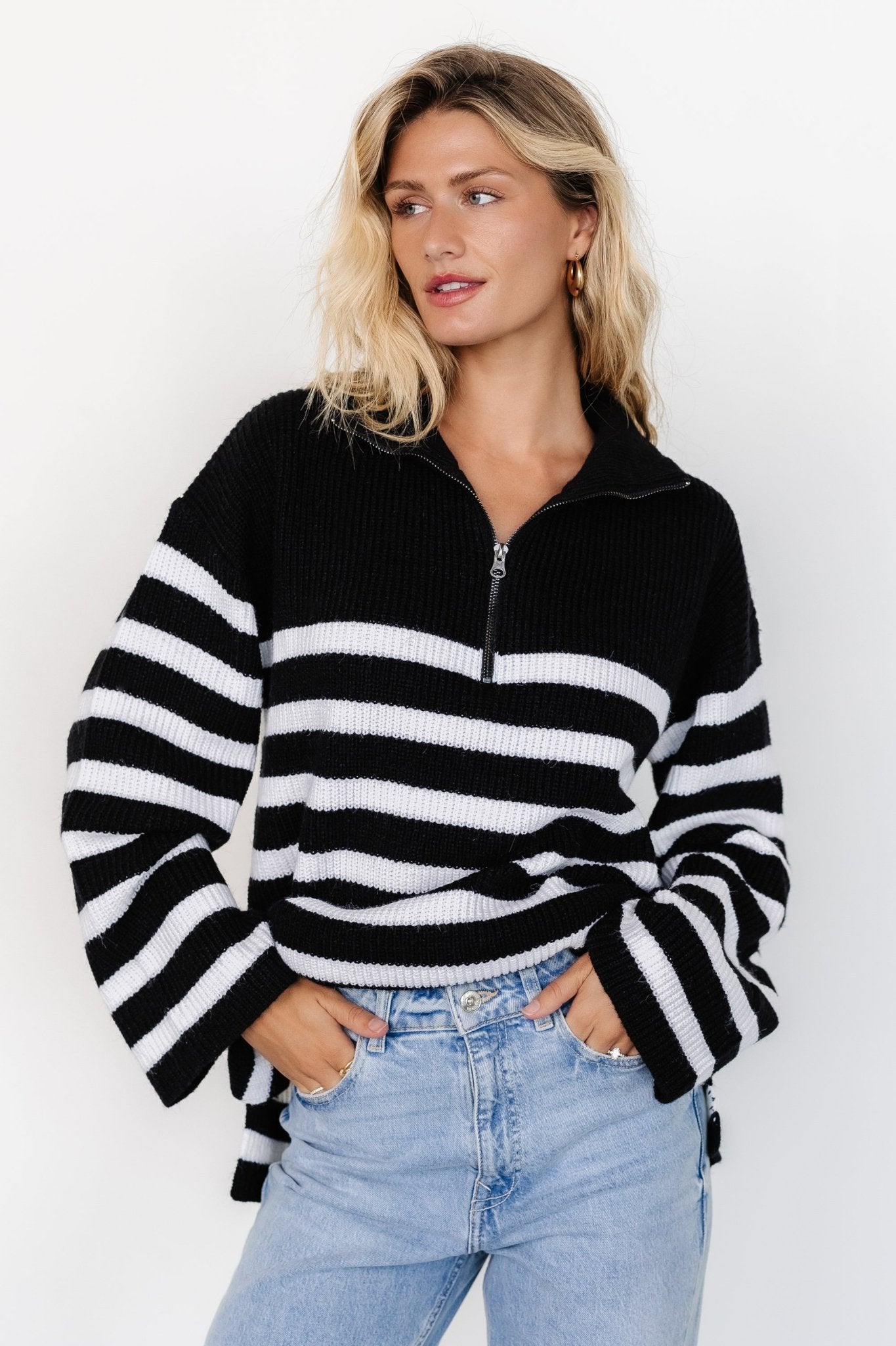 Elmer Striped Half Zip Sweater | Black + White