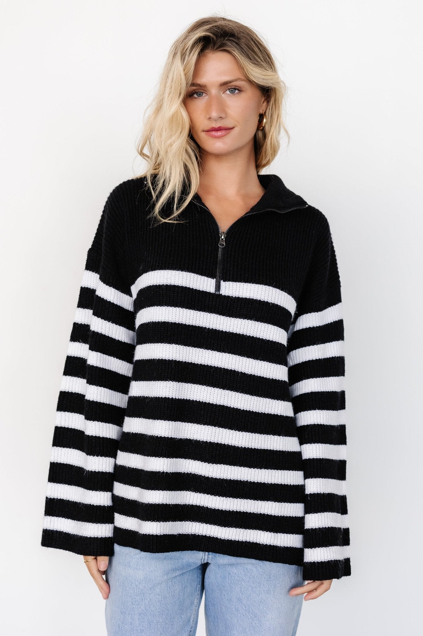 Elmer Striped Half Zip Sweater | Black + White