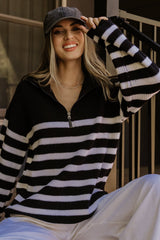 Elmer Striped Half Zip Sweater | Black + White