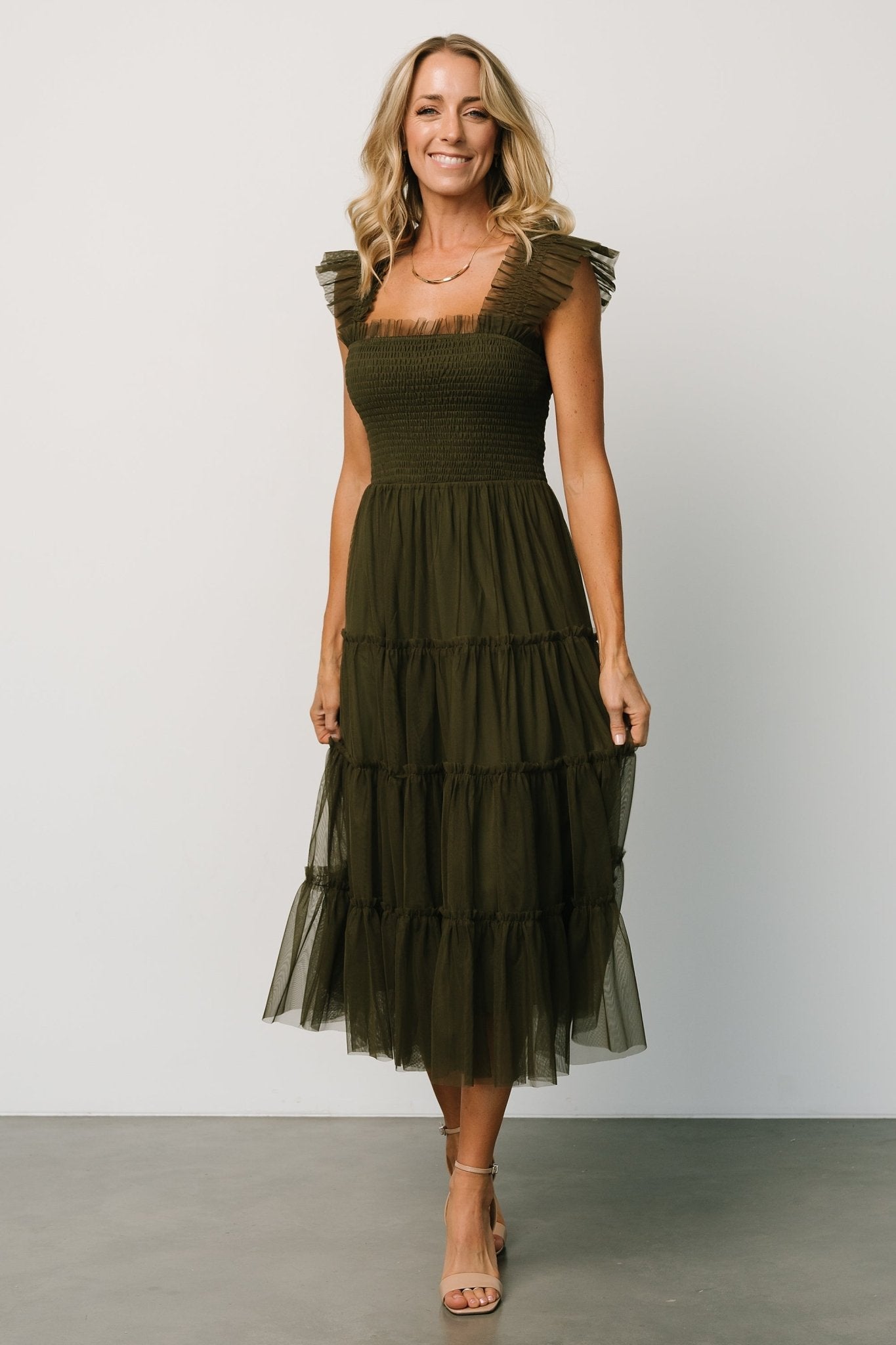 Emma Smocked Tulle Dress | Dark Olive