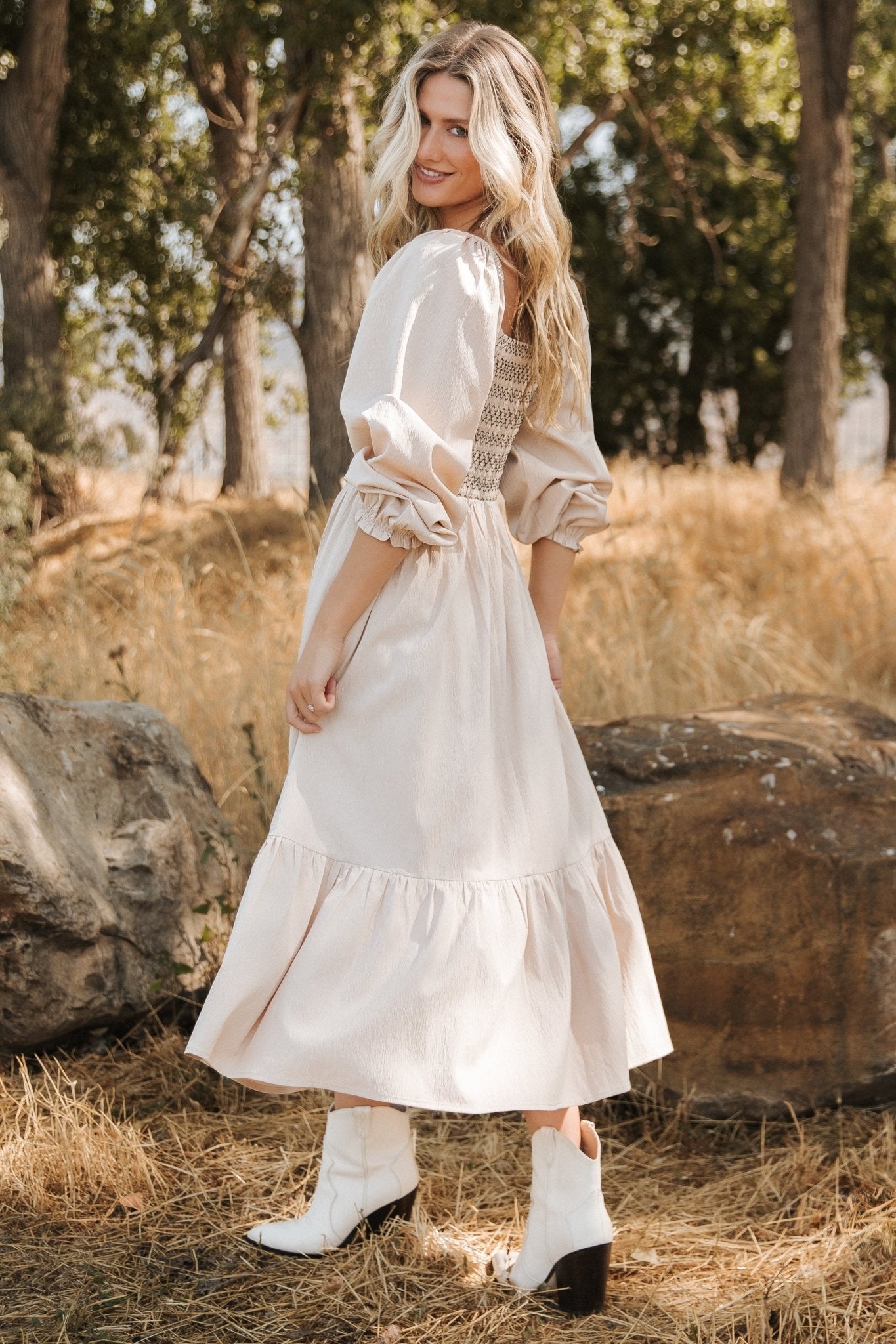Emmeline Smocked Midi Dress | Natural