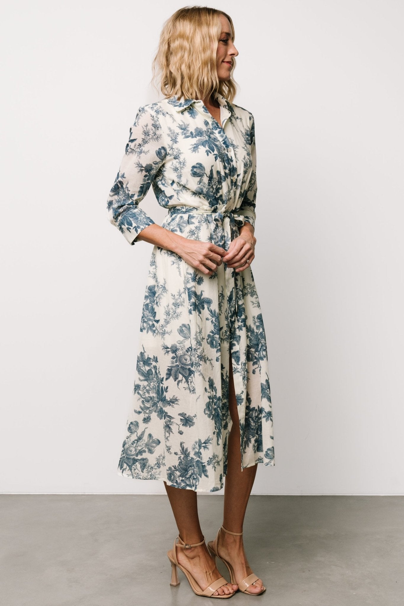 Eunice Button Midi Dress | Ivory + Blue Floral