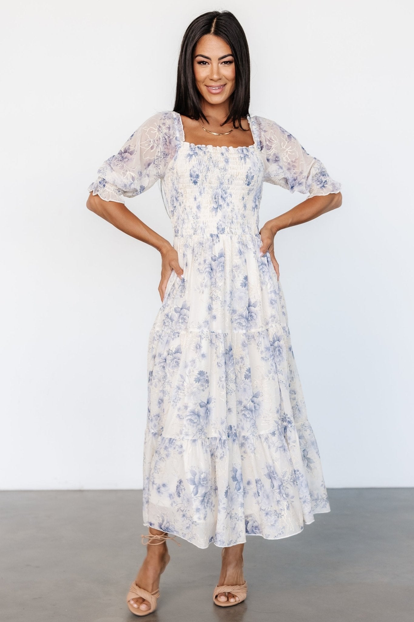 Fabian Jacquard Midi Dress | Cream + Blue Floral