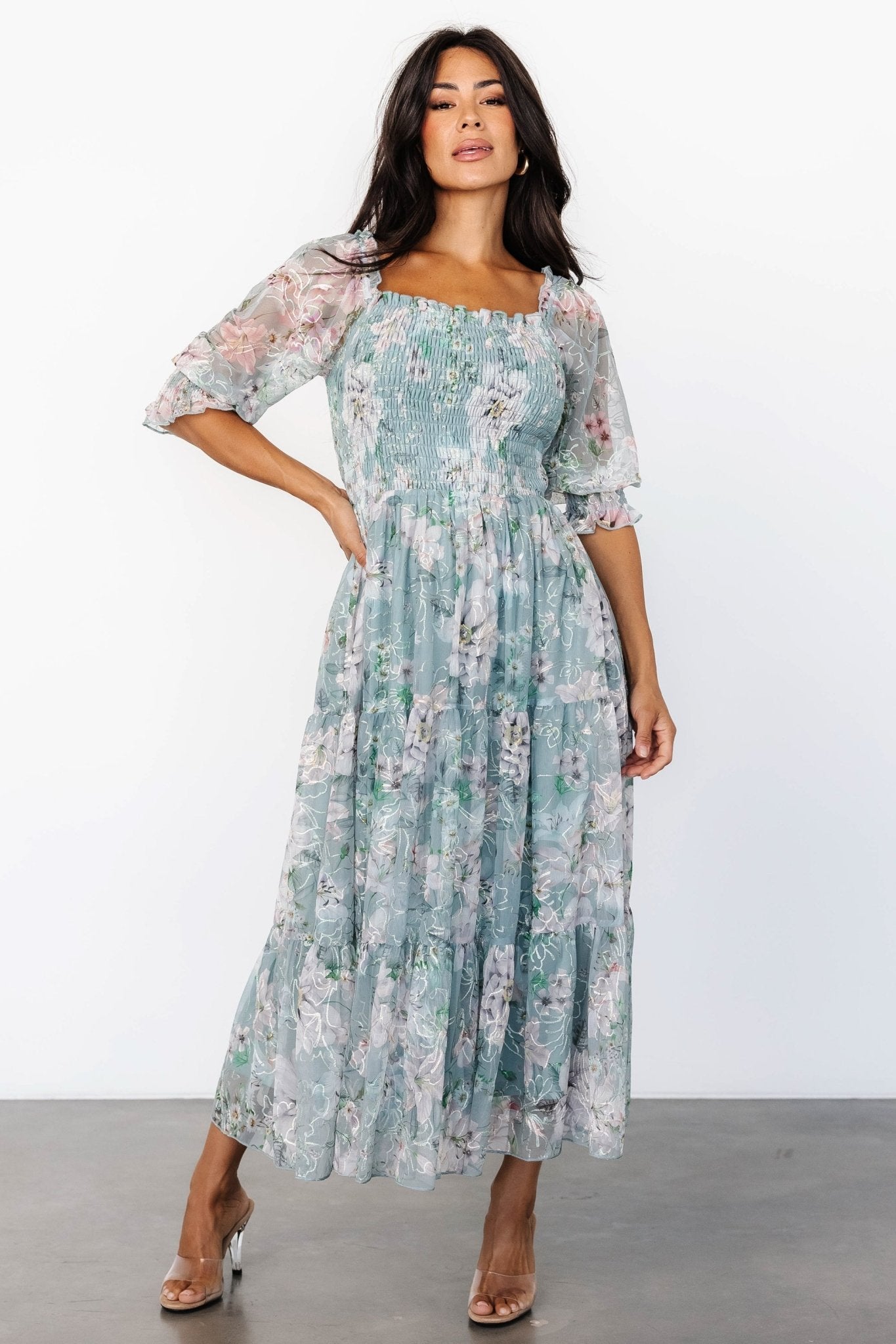 Fabian Jacquard Midi Dress | Light Sage + Blush