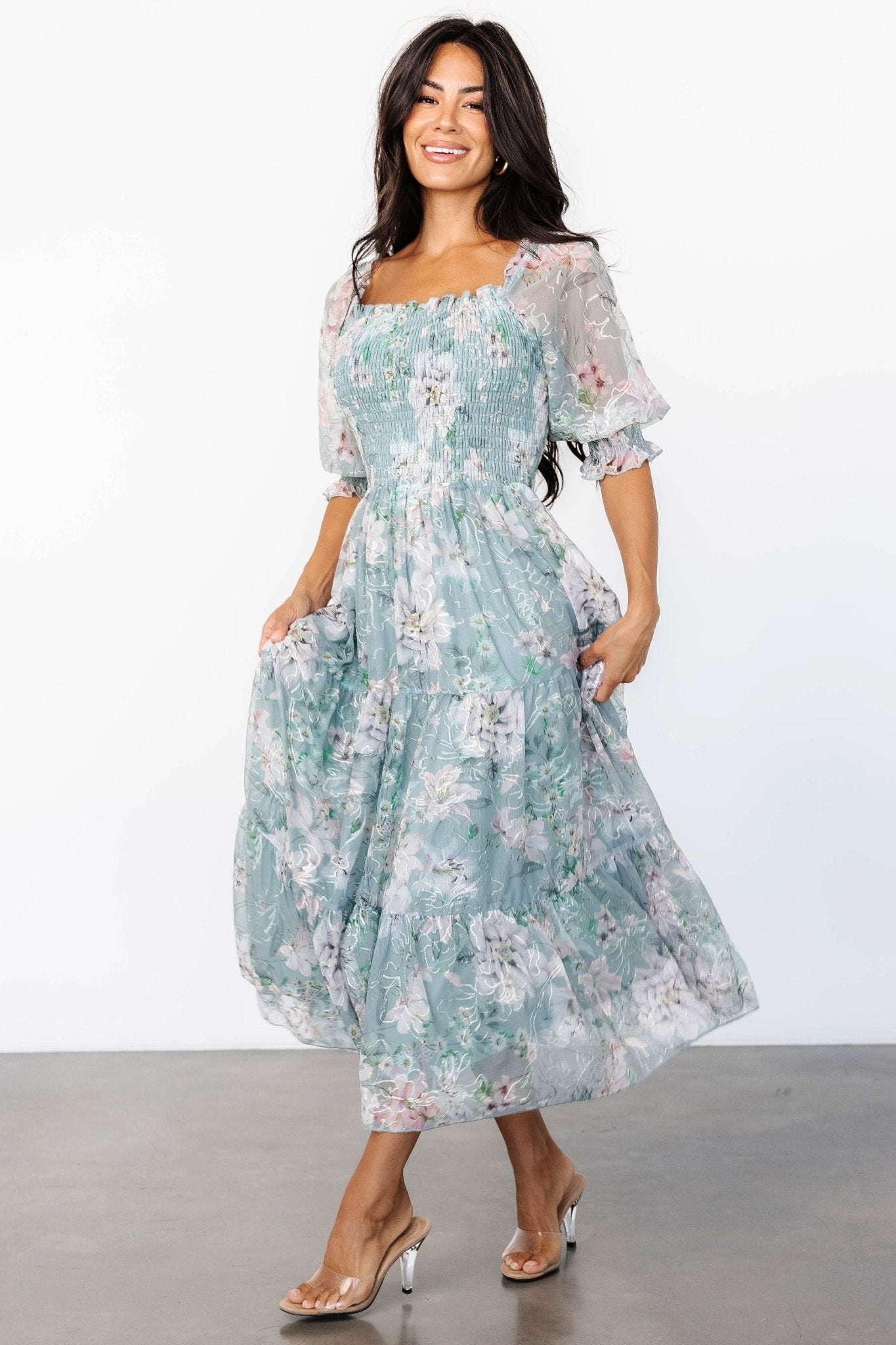 Fabian Jacquard Midi Dress | Light Sage + Blush