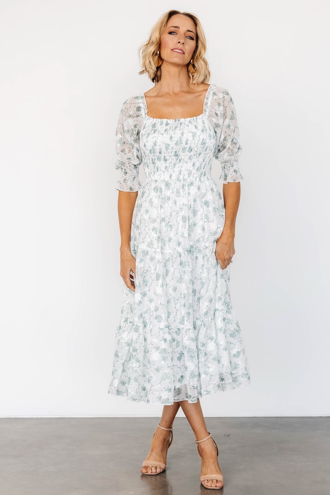 Fabian Jacquard Midi Dress | Off White + Sage Floral