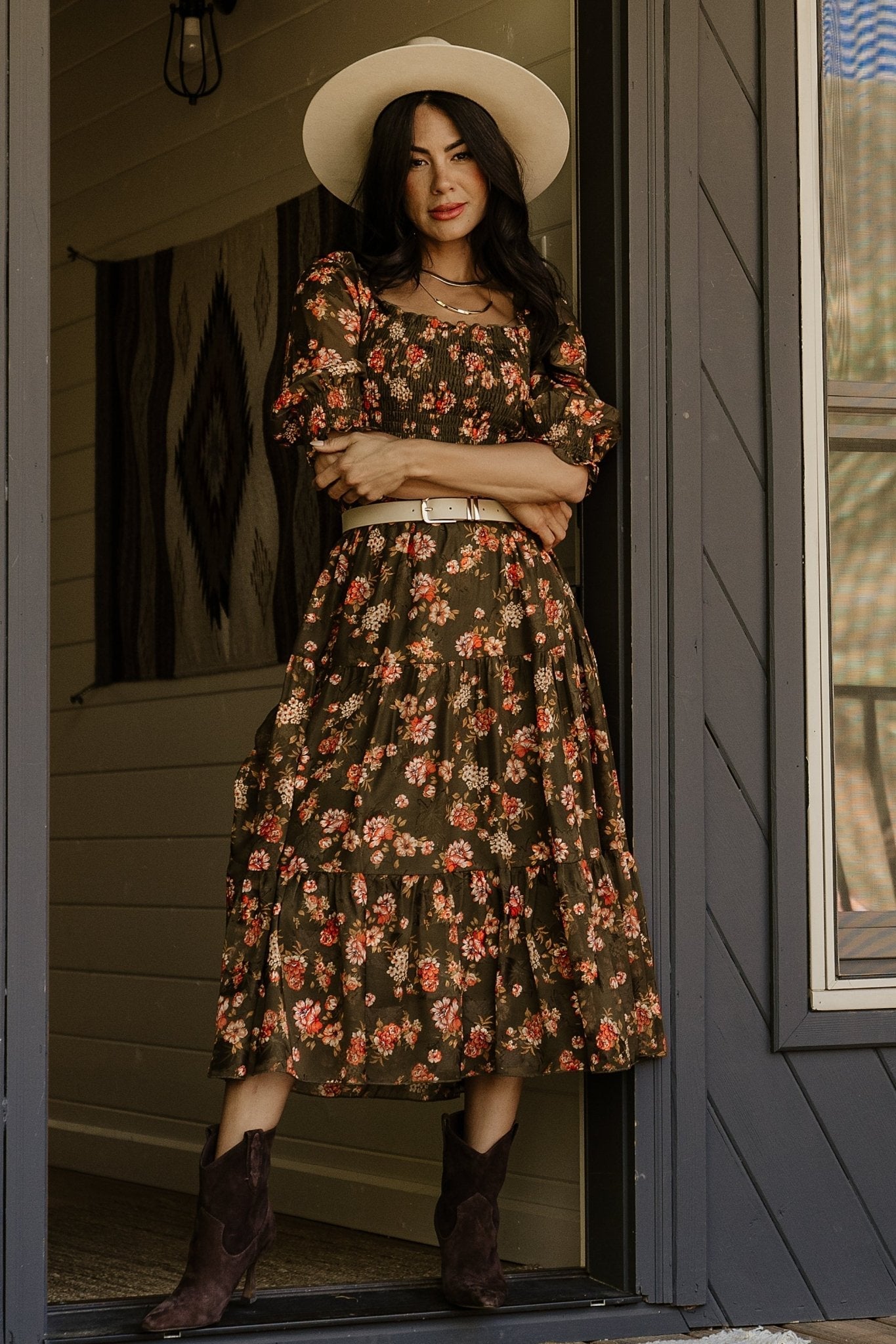 Fabian Jacquard Midi Dress | Olive Floral