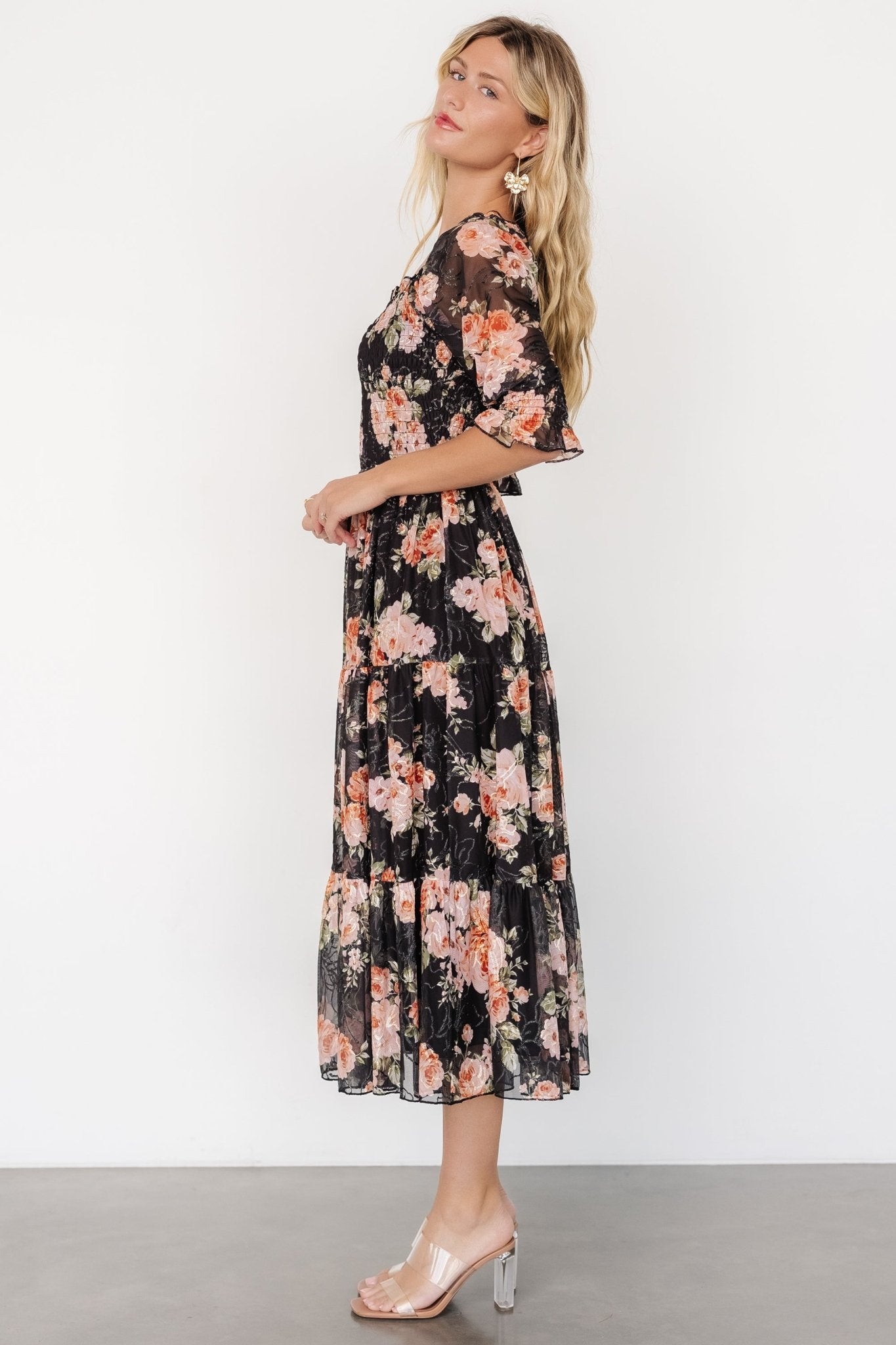 Fabian Jacquard Midi Dress | Peach + Black Floral
