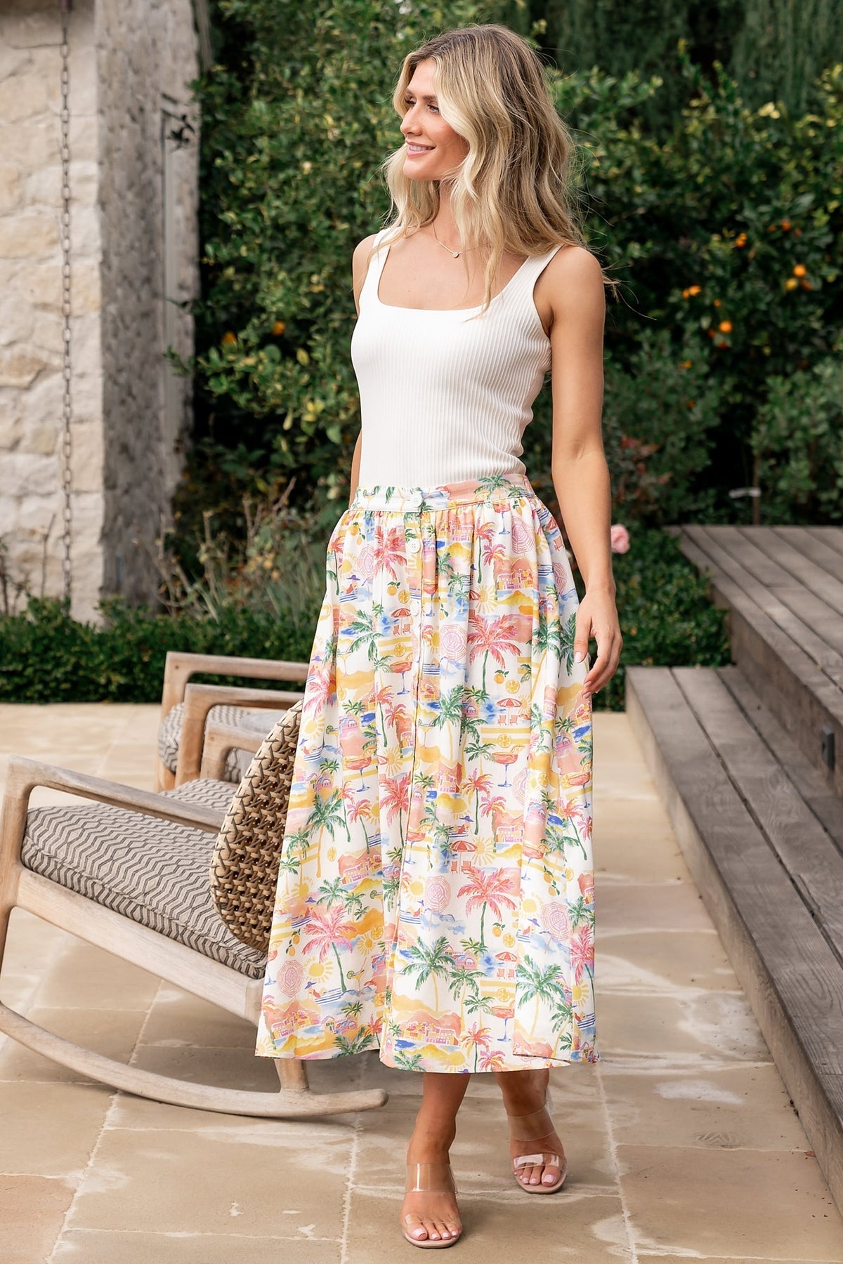 Gigi Button Midi Skirt | Off White + Multi Print