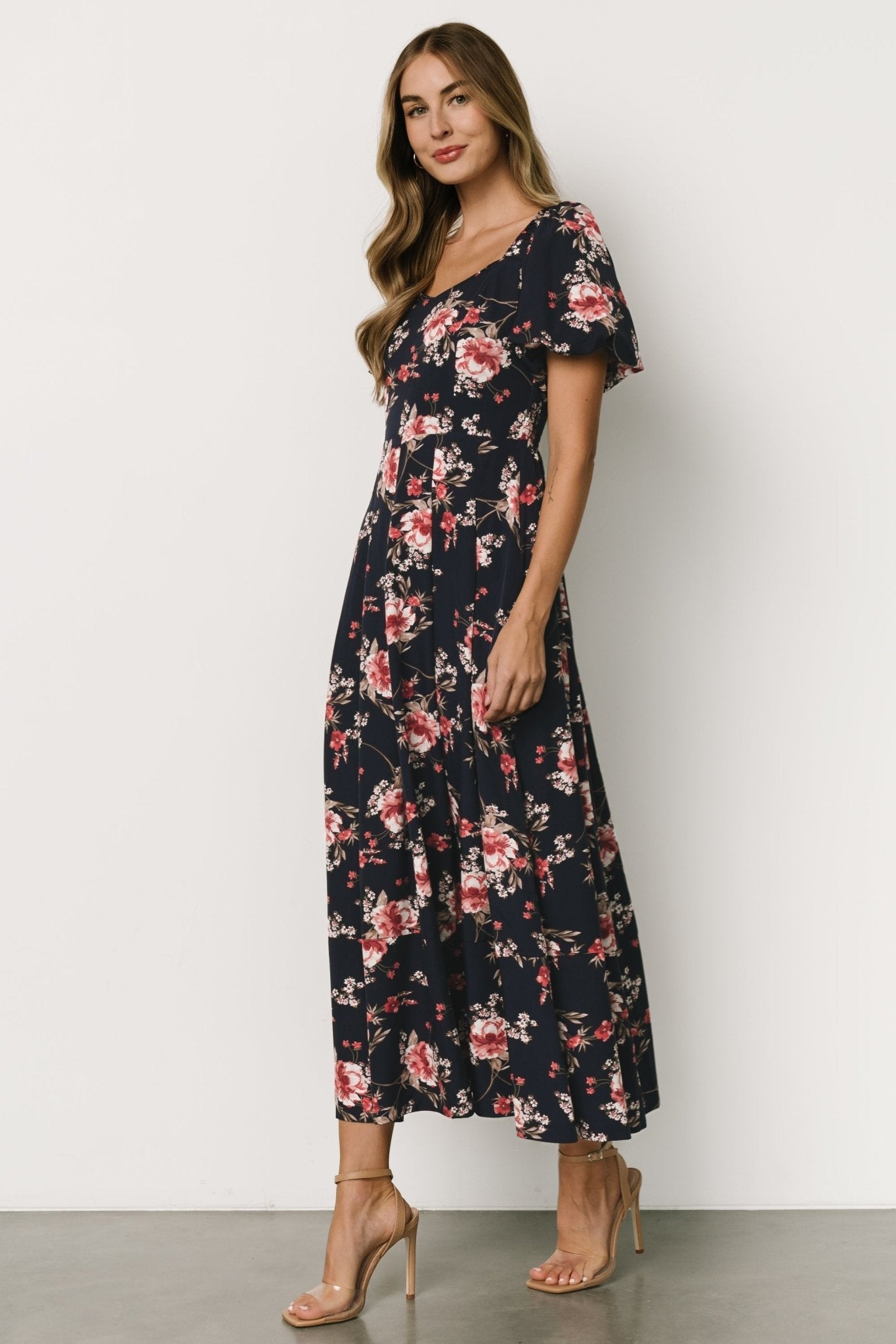 Greta Pleated Maxi Dress | Navy + Pink Floral