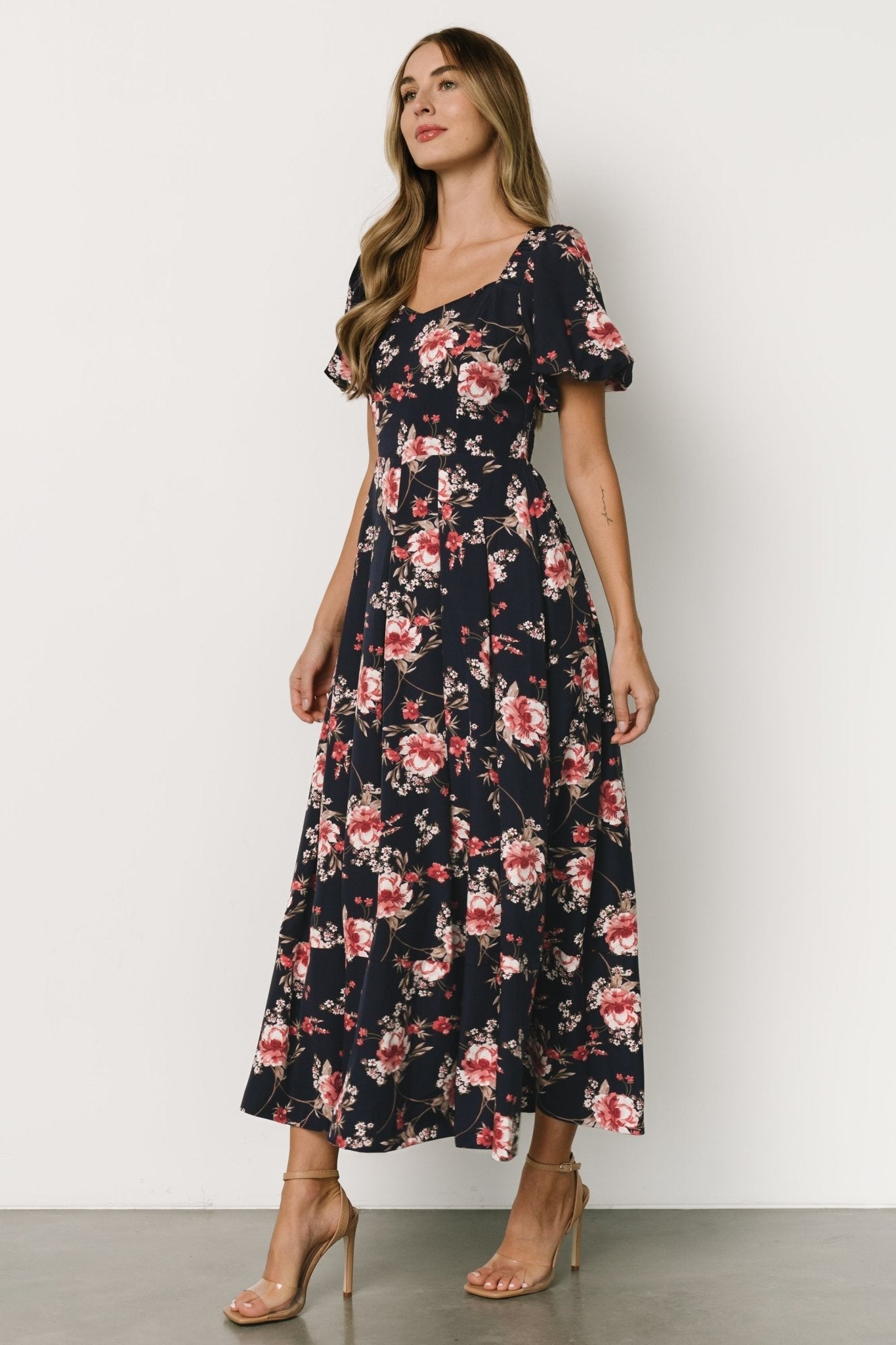 Greta Pleated Maxi Dress | Navy + Pink Floral
