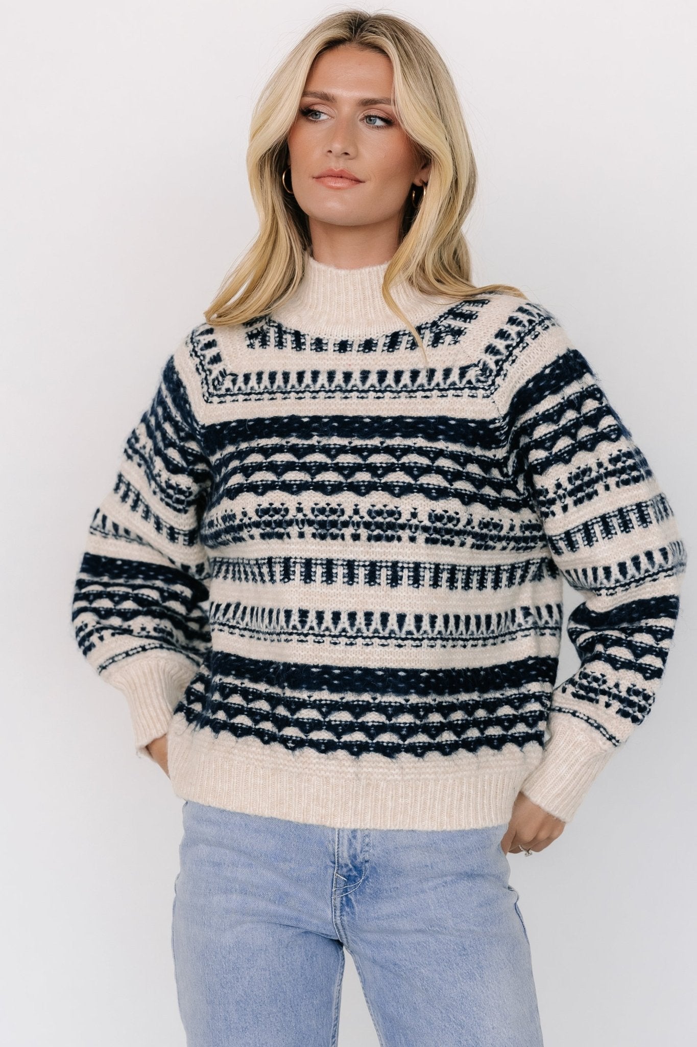 Guadalupe Mock Neck Sweater | Ivory + Navy