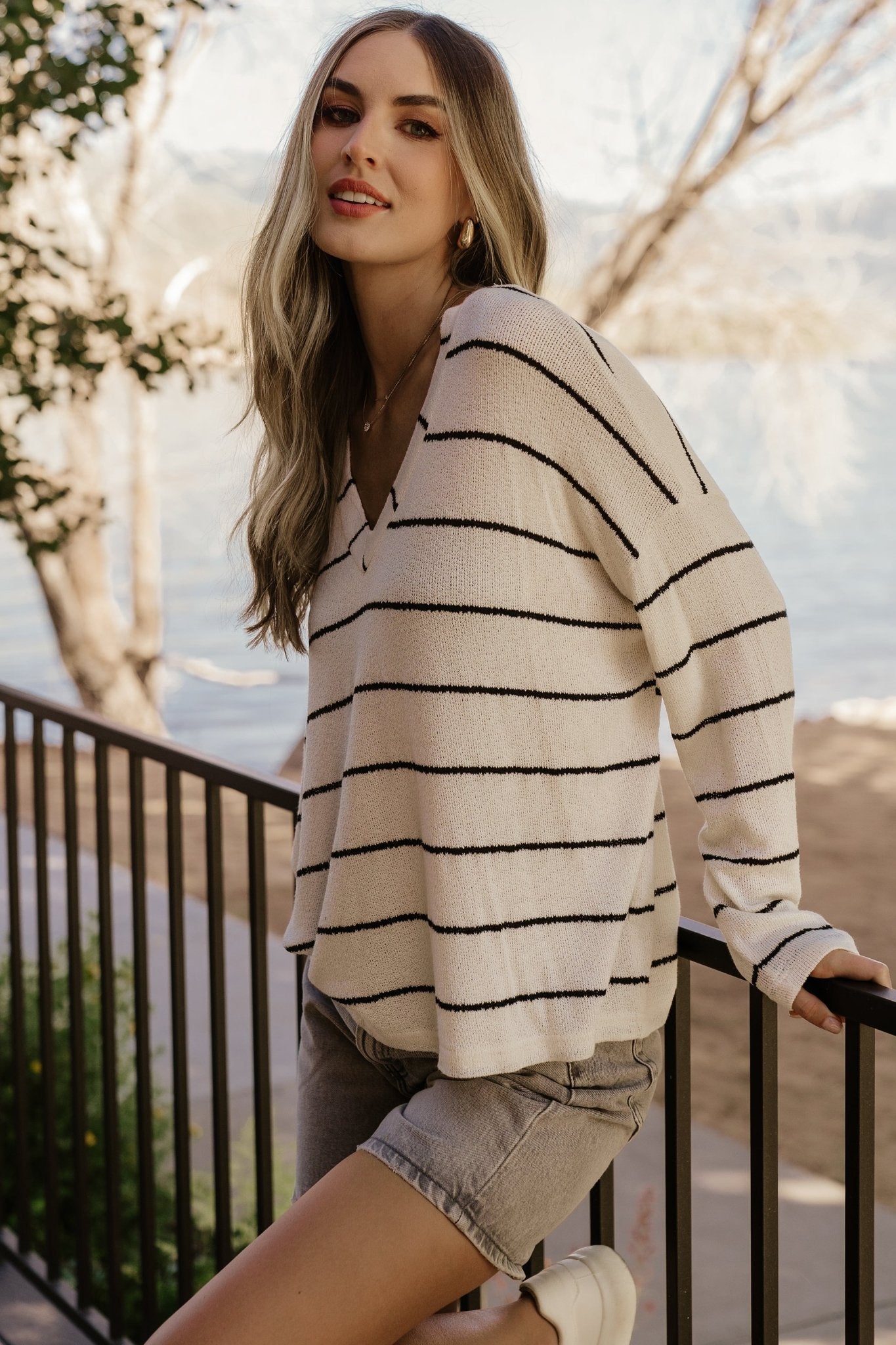 Houston Relaxed Sweater Top | Ivory Stripe