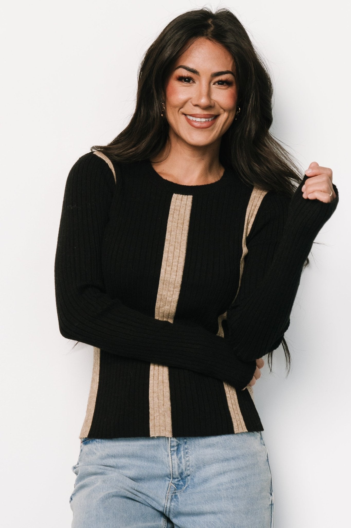 Jolene Ribbed Sweater Top | Black + Tan Stripe