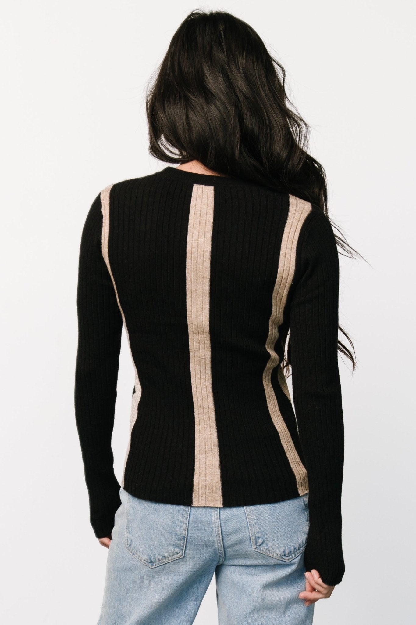 Jolene Ribbed Sweater Top | Black + Tan Stripe