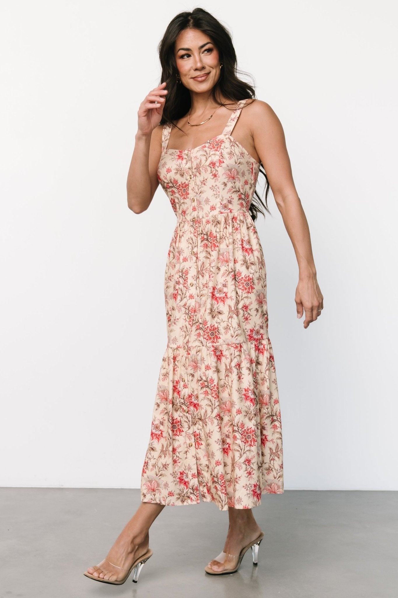 Jules Button Midi Dress | Cream + Pink