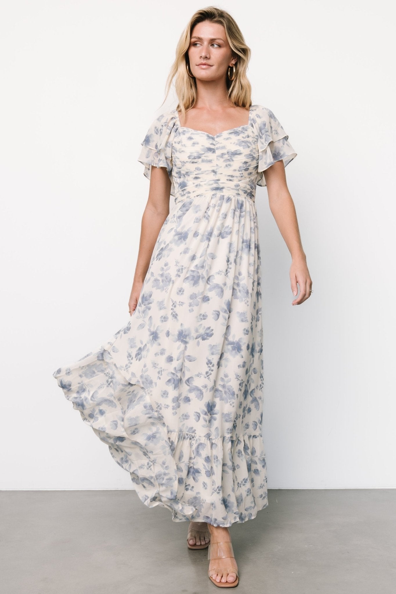 Juliana Pleated Top Dress | Ivory + Blue Floral
