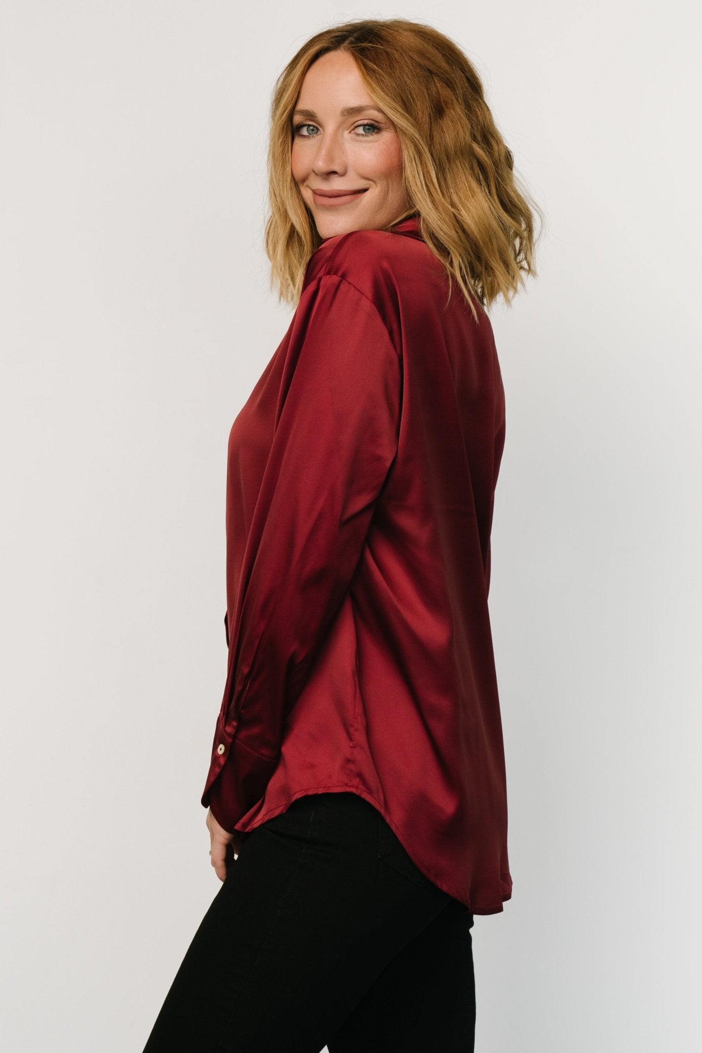 Kacey Satin Button Up Top | Burgundy