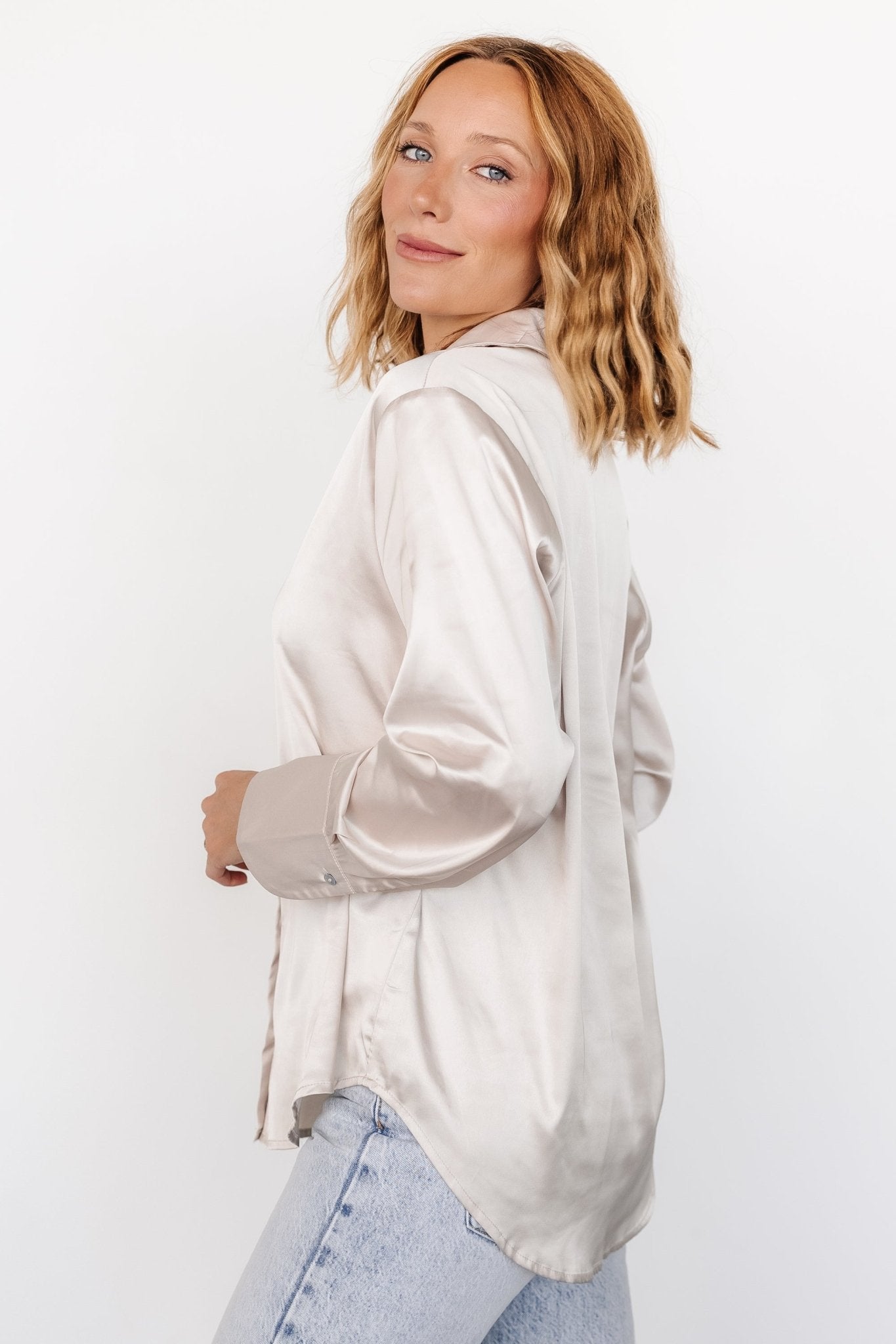 Kacey Satin Button Up Top | Champagne