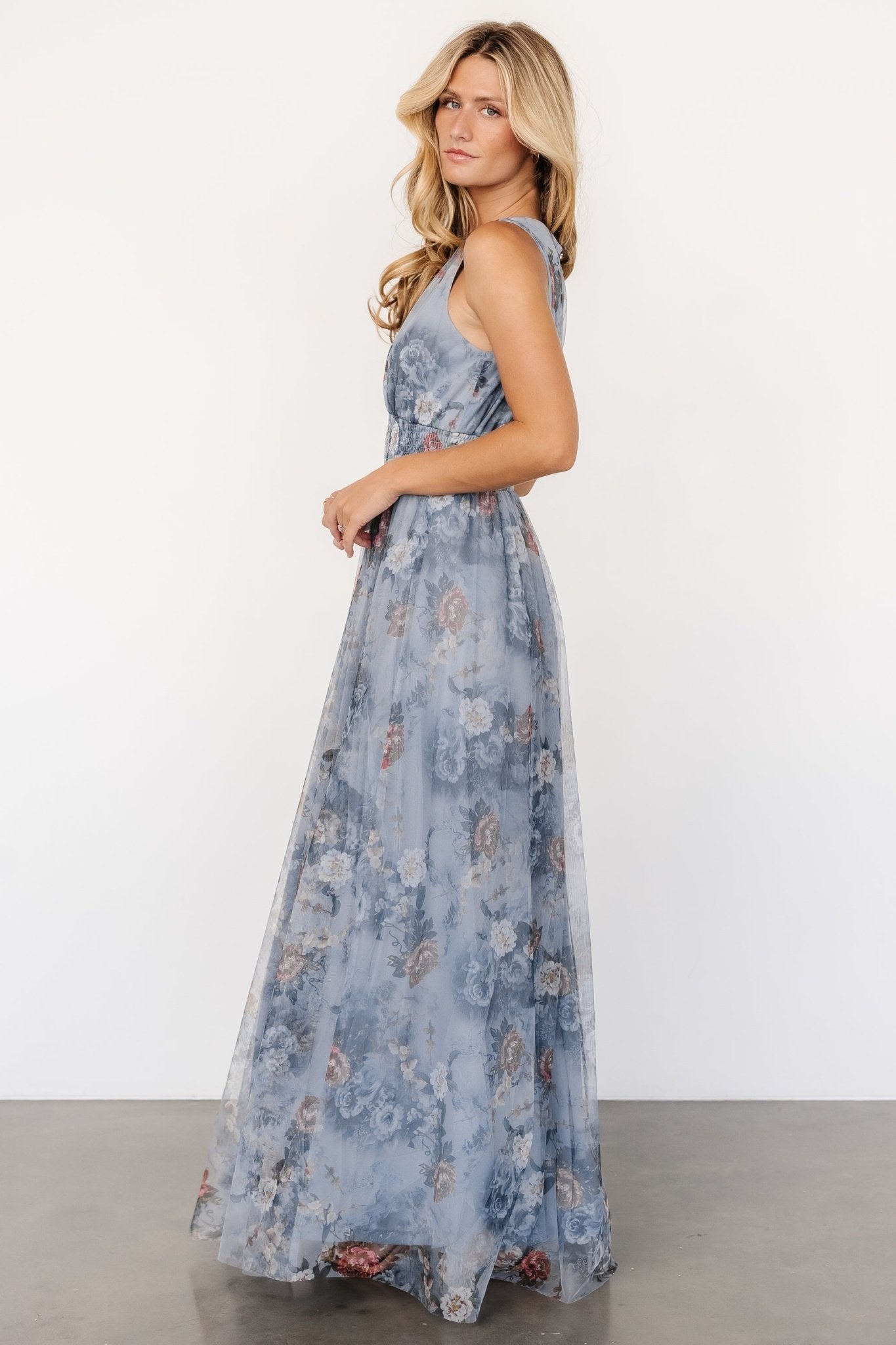 Kamila Tulle Maxi Dress | Dusty Blue Floral