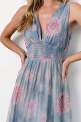 Kamila Tulle Maxi Dress | Light Blue + Pink Floral