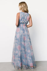 Kamila Tulle Maxi Dress | Light Blue + Pink Floral