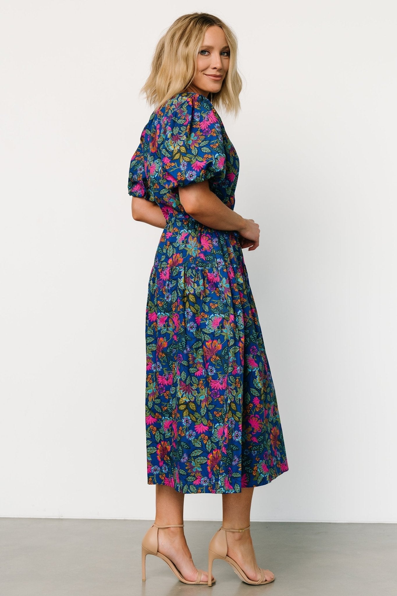 Karol Puff Sleeve Midi Dress | Blue Multi