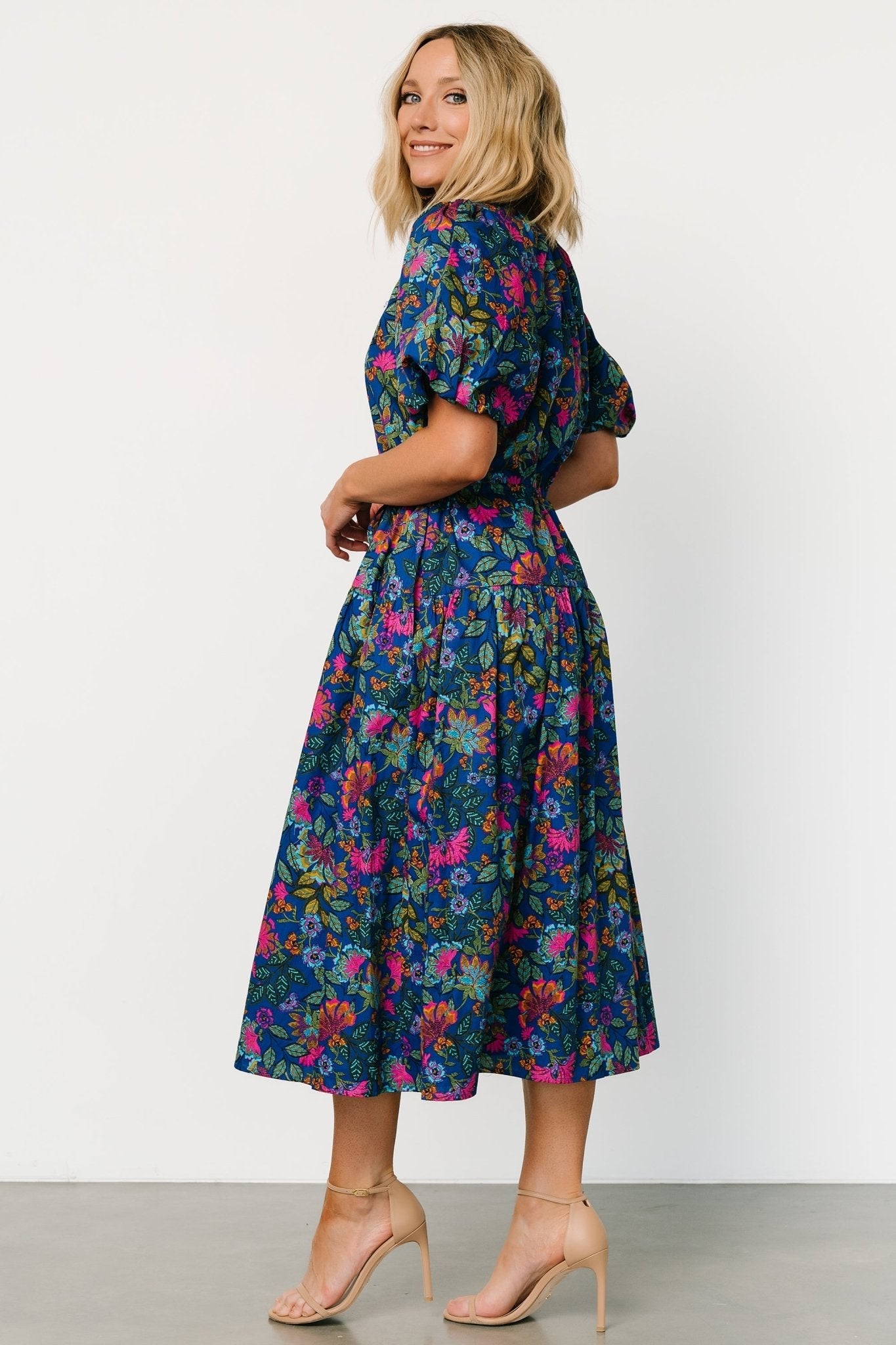 Karol Puff Sleeve Midi Dress | Blue Multi
