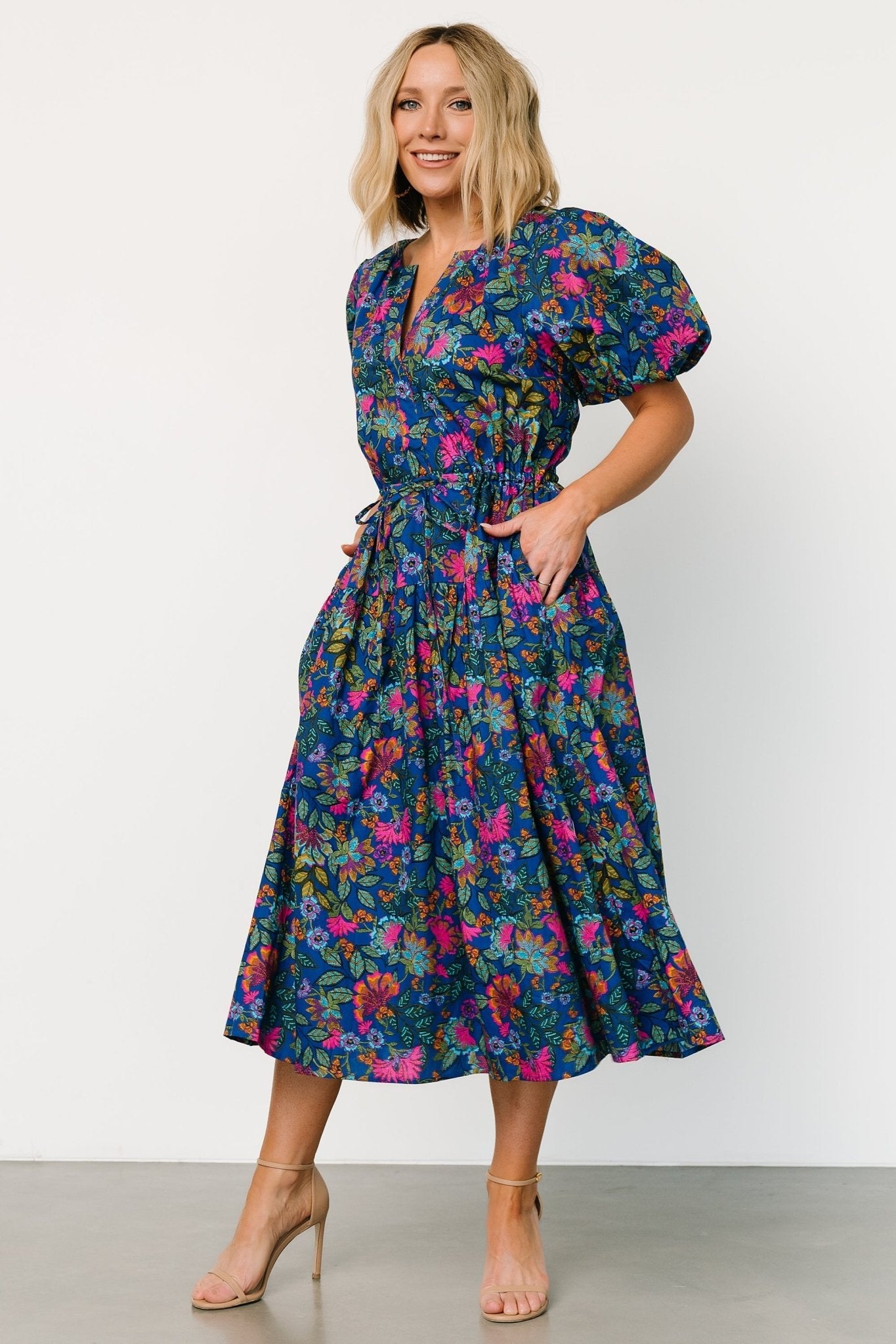 Karol Puff Sleeve Midi Dress | Blue Multi