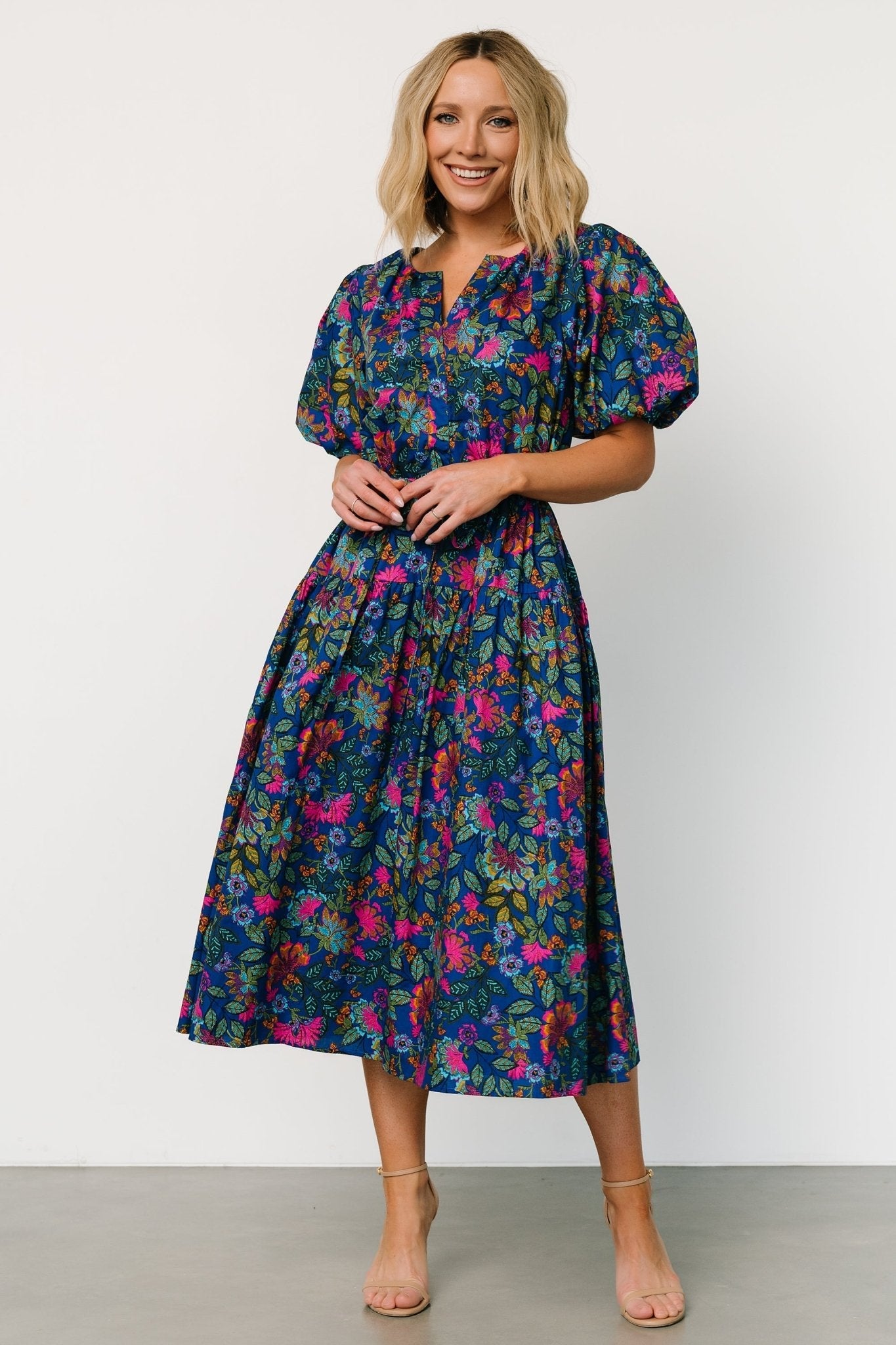 Karol Puff Sleeve Midi Dress | Blue Multi
