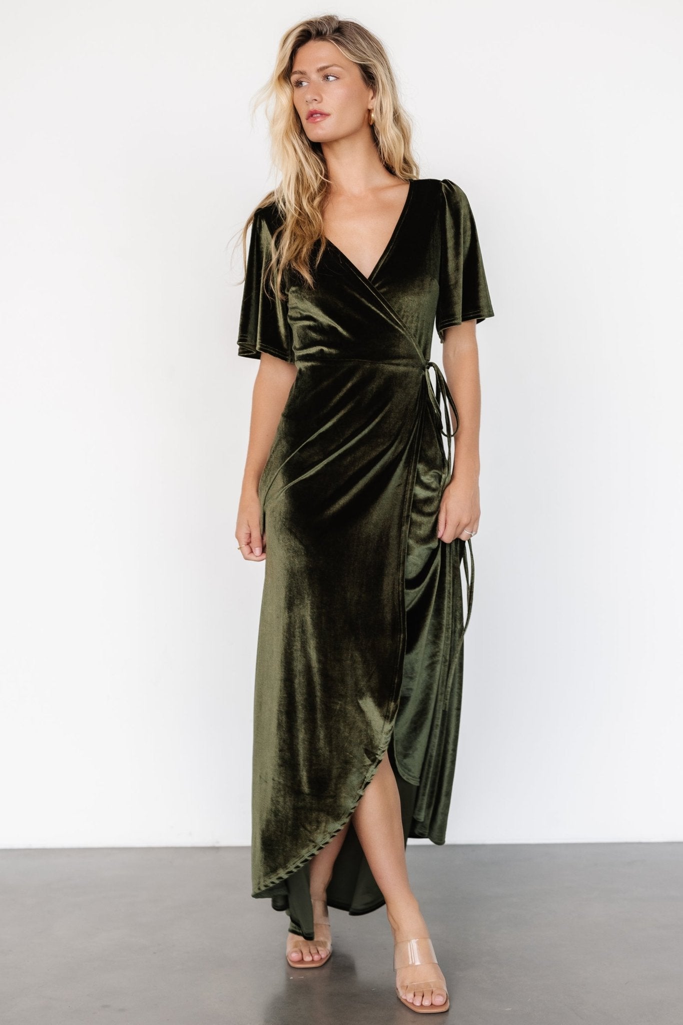Katelyn Velvet Maxi Wrap Dress | Dark Olive