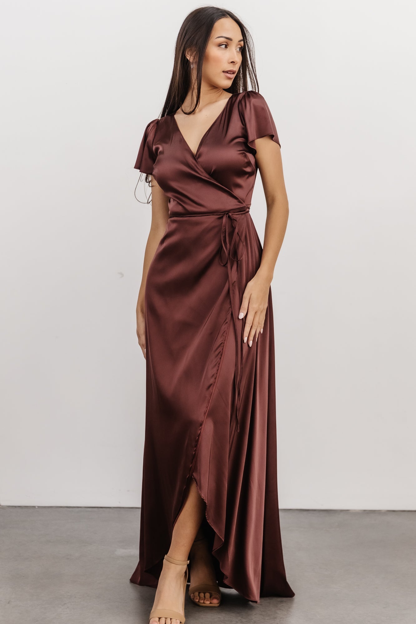 Krystal Satin Wrap Gown | Dark Clove