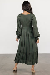 Lainey Smocked Dotted Midi Dress | Deep Olive