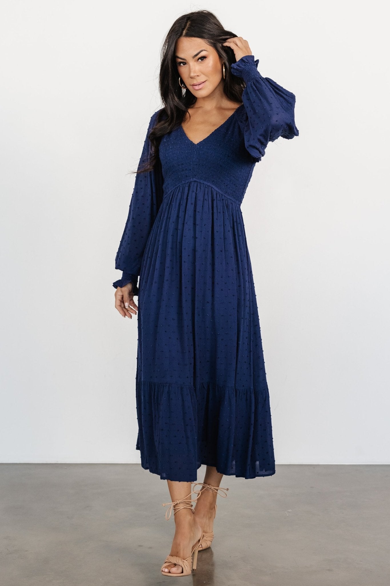 Lainey Smocked Dotted Midi Dress | Midnight Blue