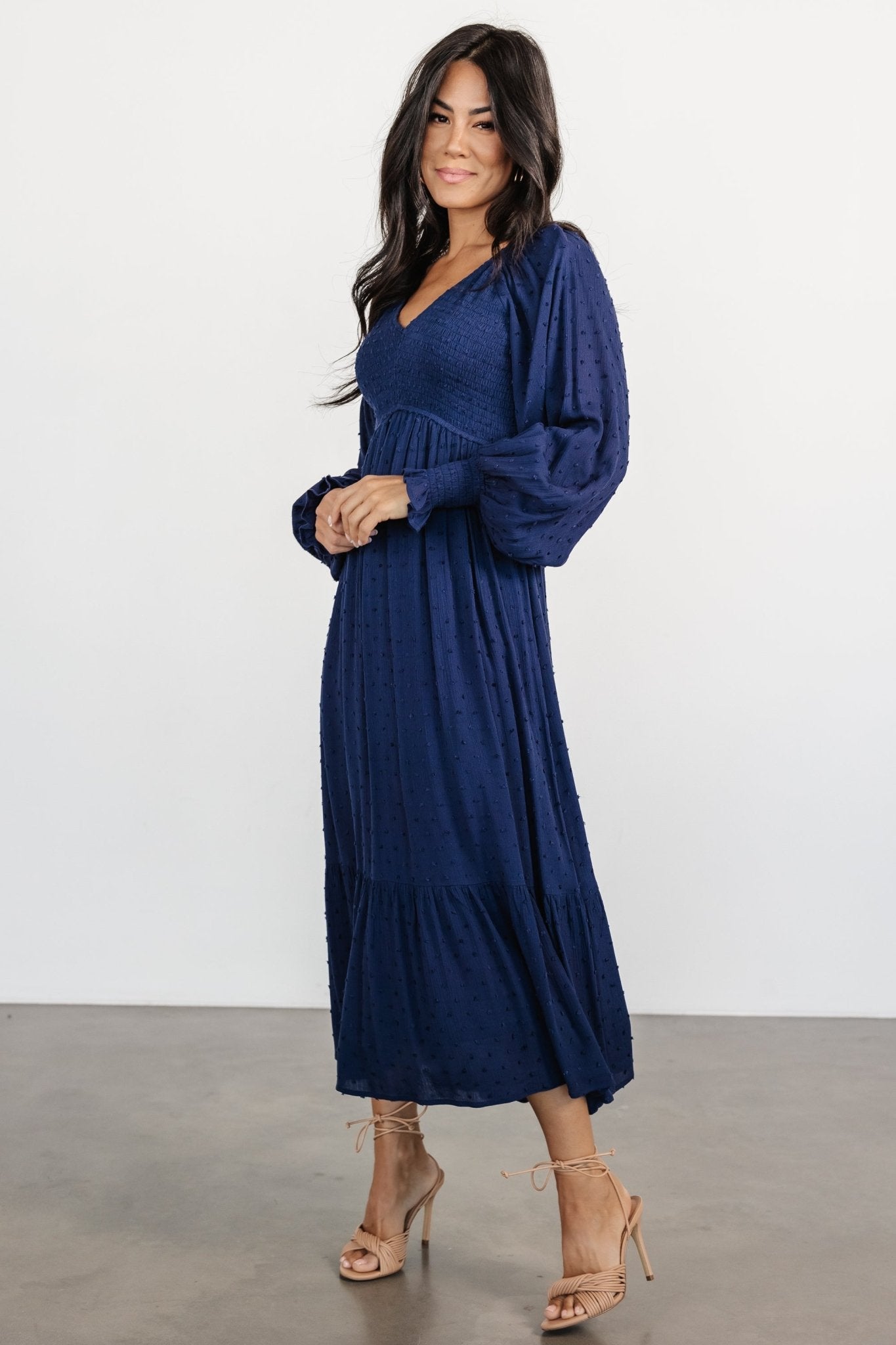 Lainey Smocked Dotted Midi Dress | Midnight Blue