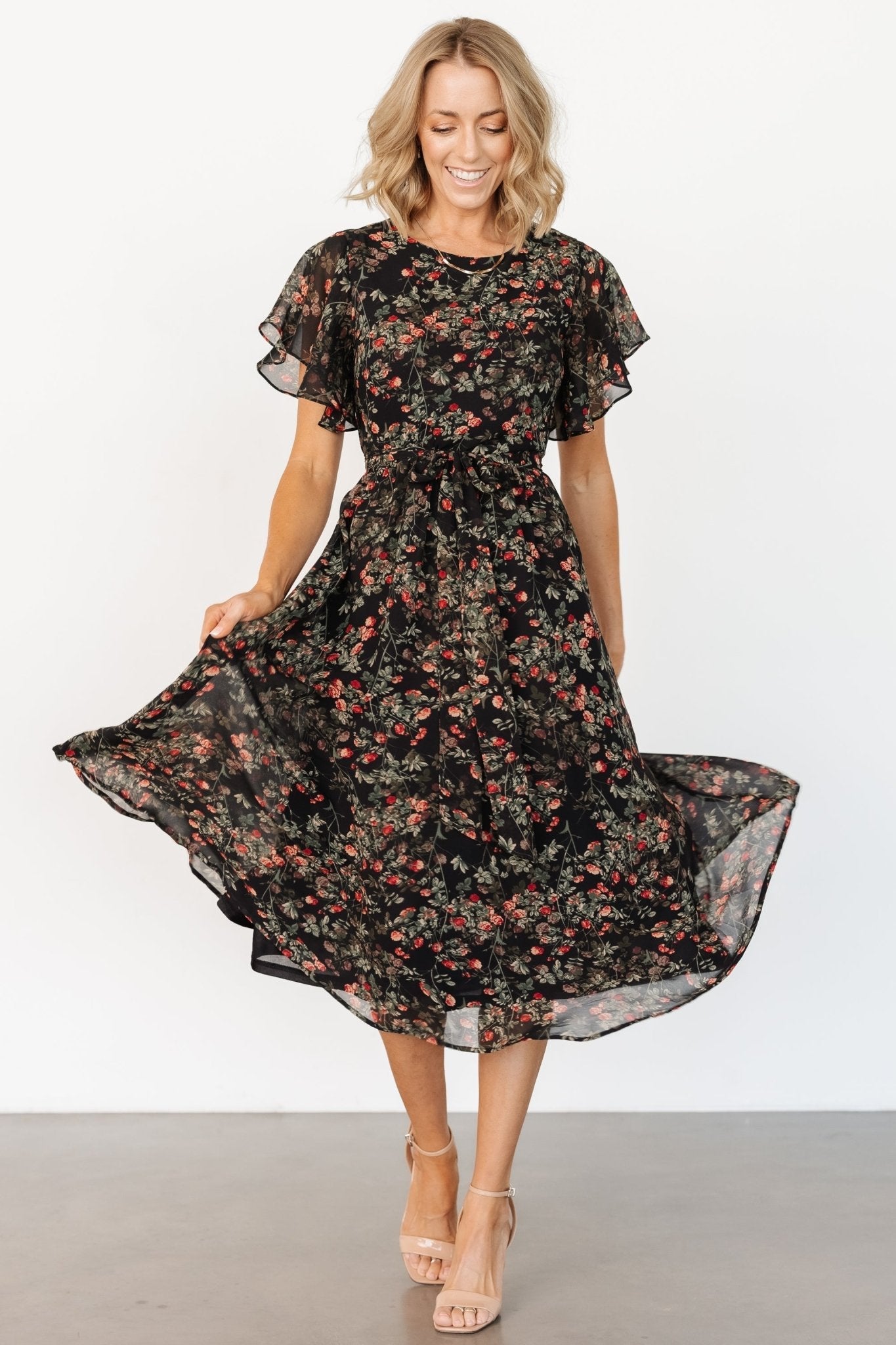 Laurel Midi Dress | Black + Red Floral