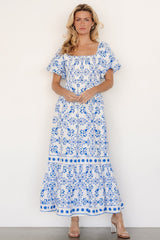 Lexa Smocked Maxi Dress | Off White + Blue Floral