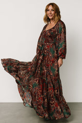 Livia Maxi Dress | Dark Green + Wine Multi