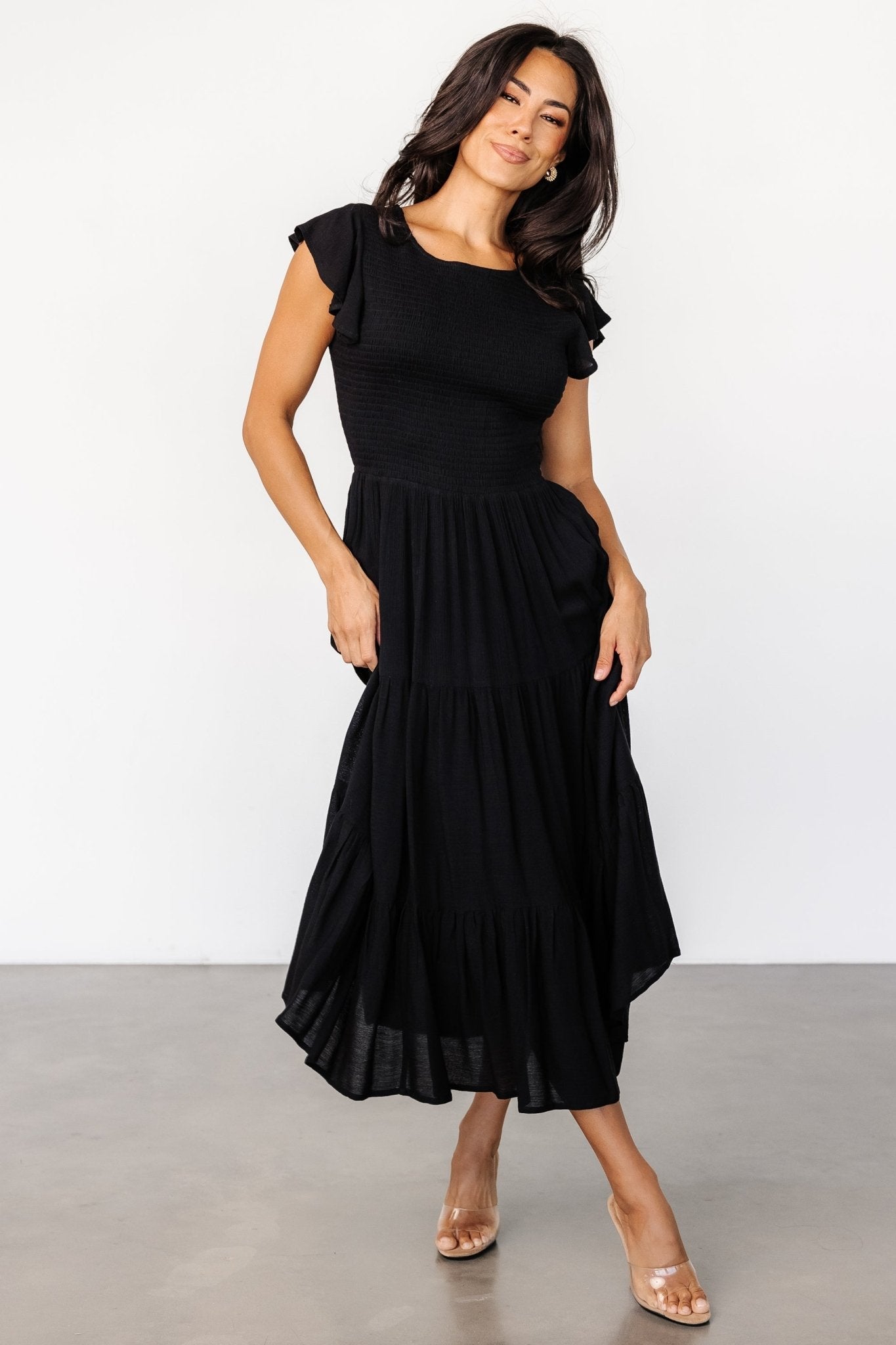 Loretta Smocked Midi Dress | Black