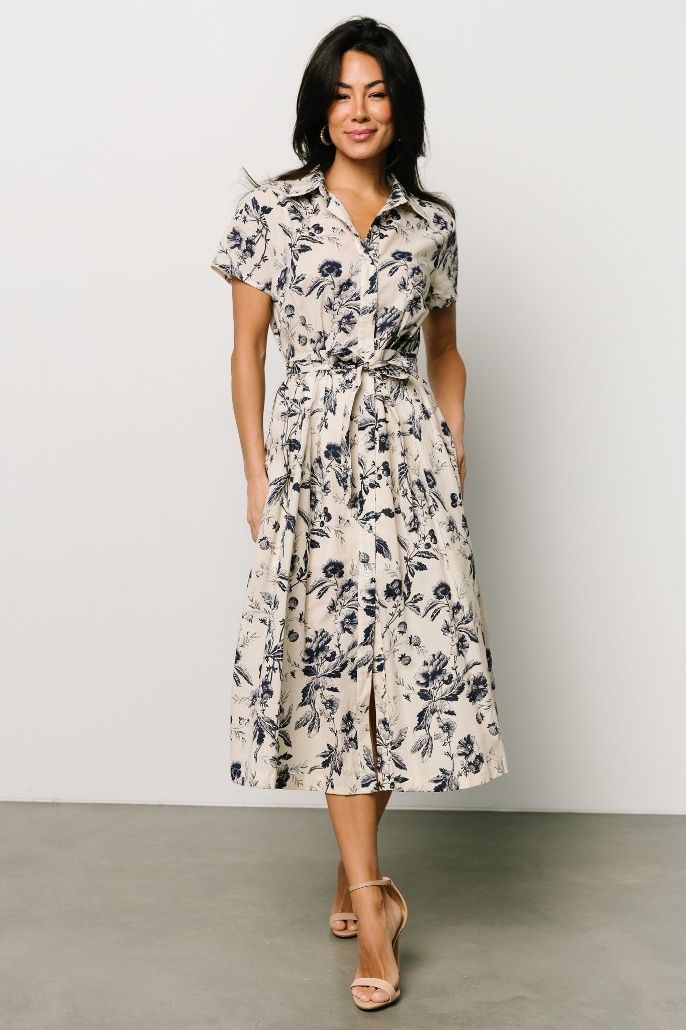 Lorna Midi Dress | Beige + Navy Print