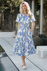 Lydie Button Midi Dress | White + Blue