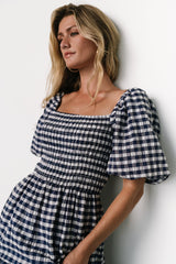 Lyndy Smocked Dress | Off White + Blue Gingham