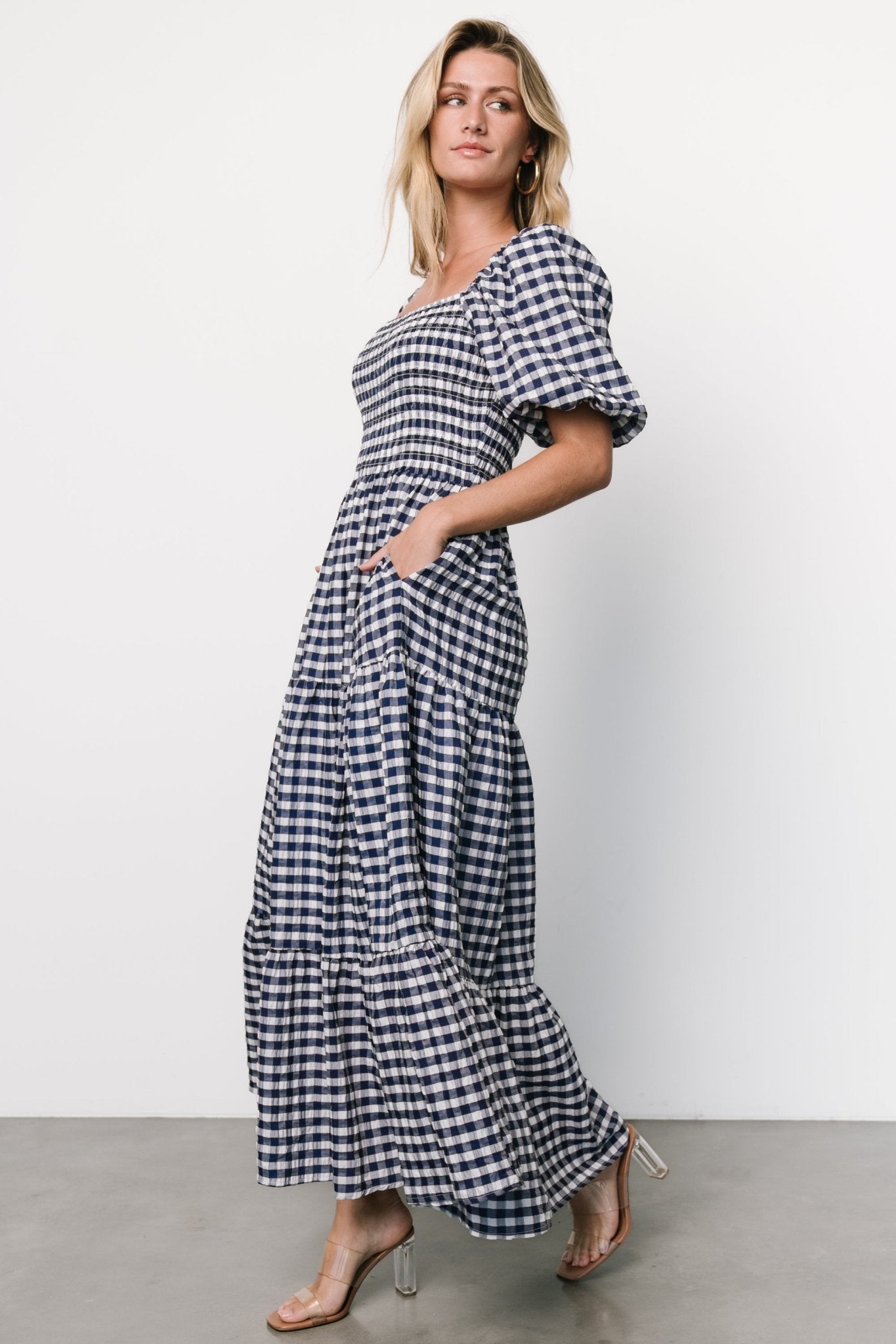 Lyndy Smocked Dress | Off White + Blue Gingham