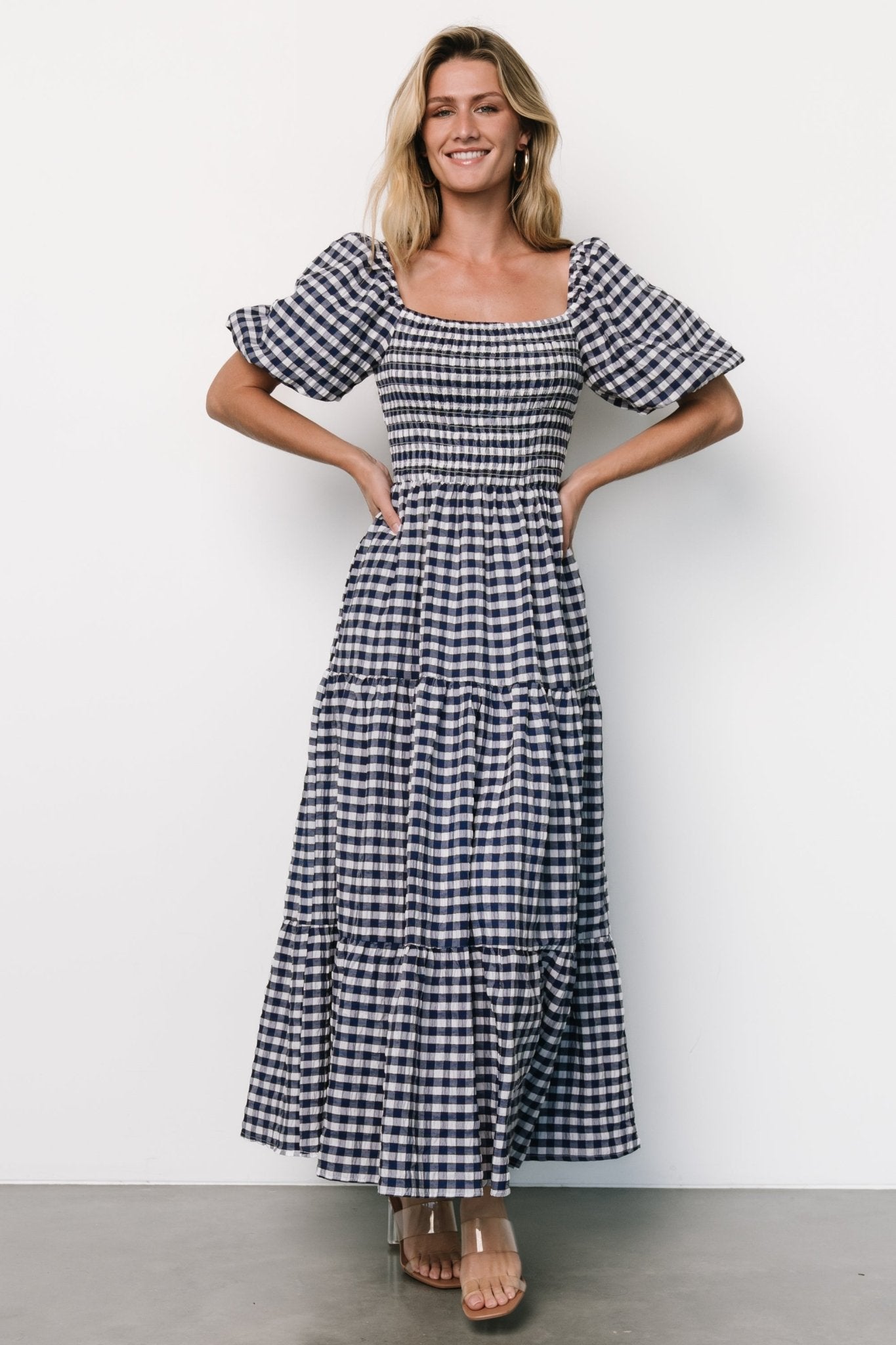 Lyndy Smocked Dress | Off White + Blue Gingham