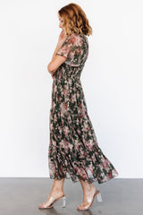 Mara Embroidered Tulle Dress | Dark Green + Blush Floral