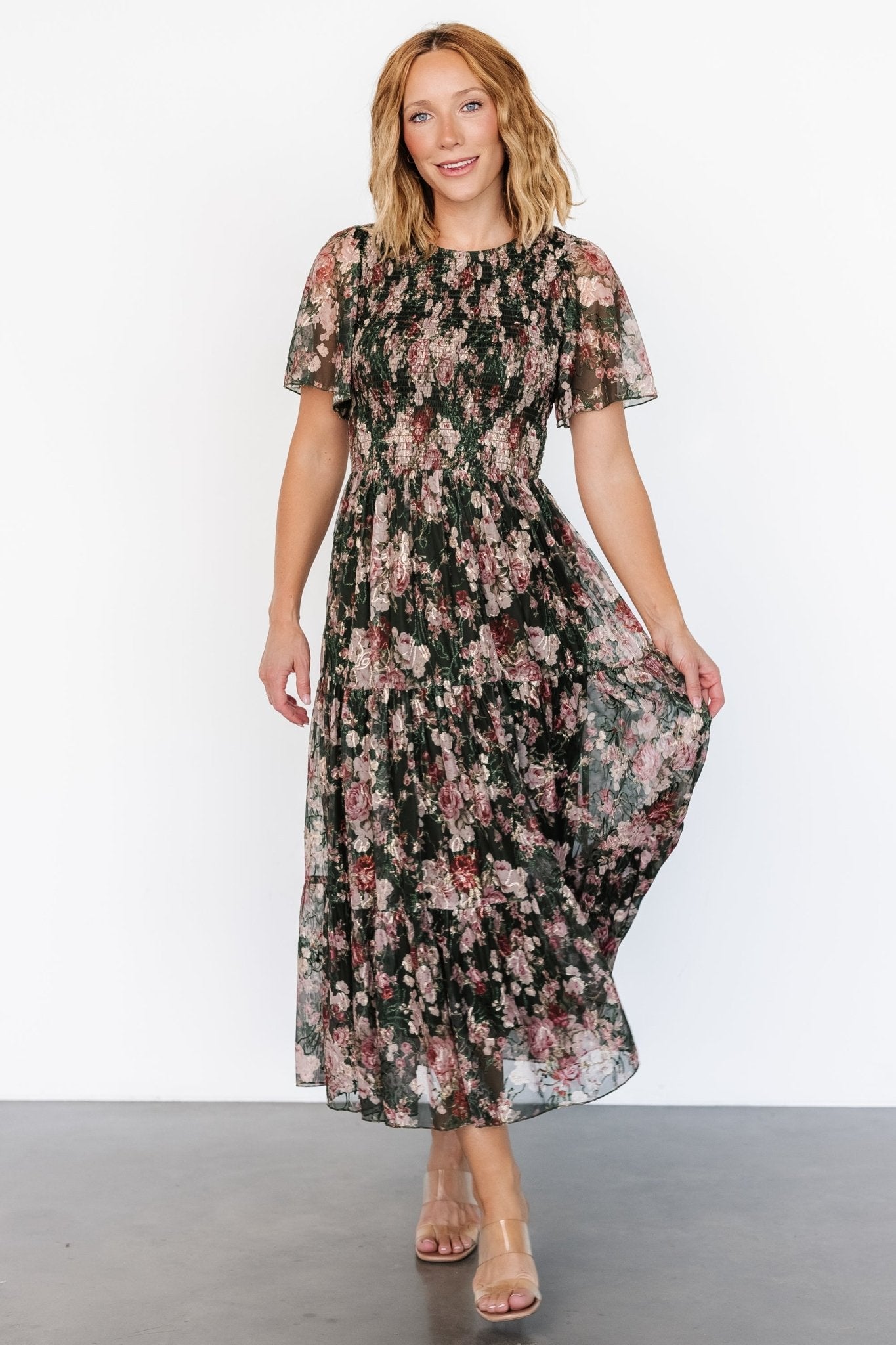 Mara Embroidered Tulle Dress | Dark Green + Blush Floral