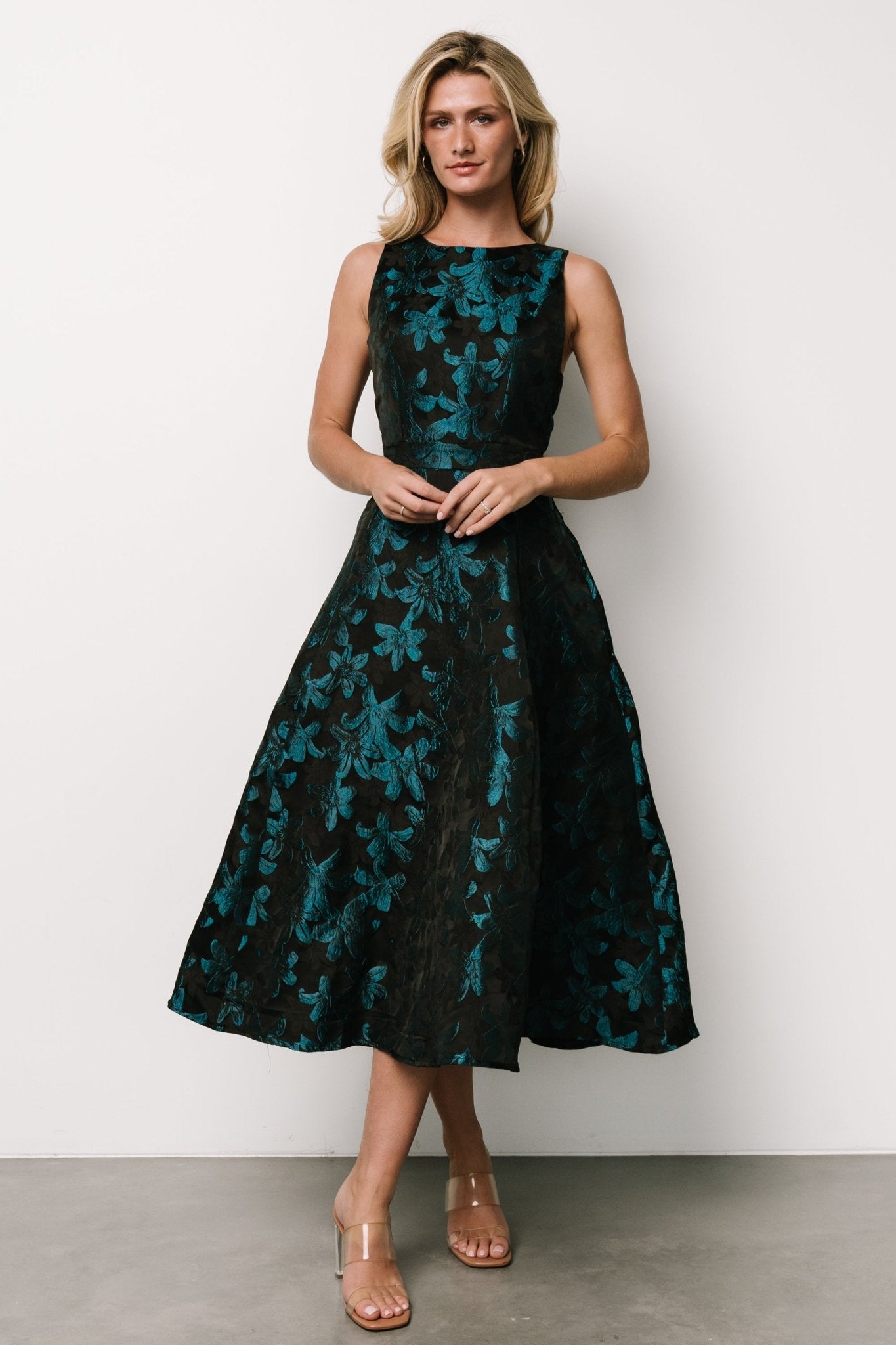 Maren Embossed Midi Dress | Black + Teal Floral