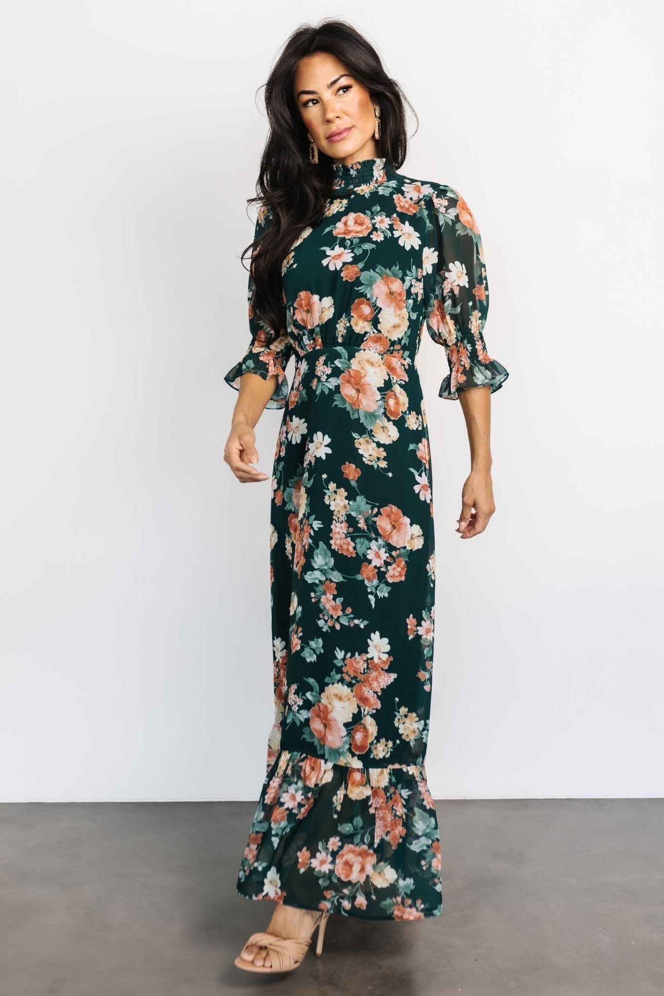 Marie Mock Neck Maxi Dress | Dark Green Floral
