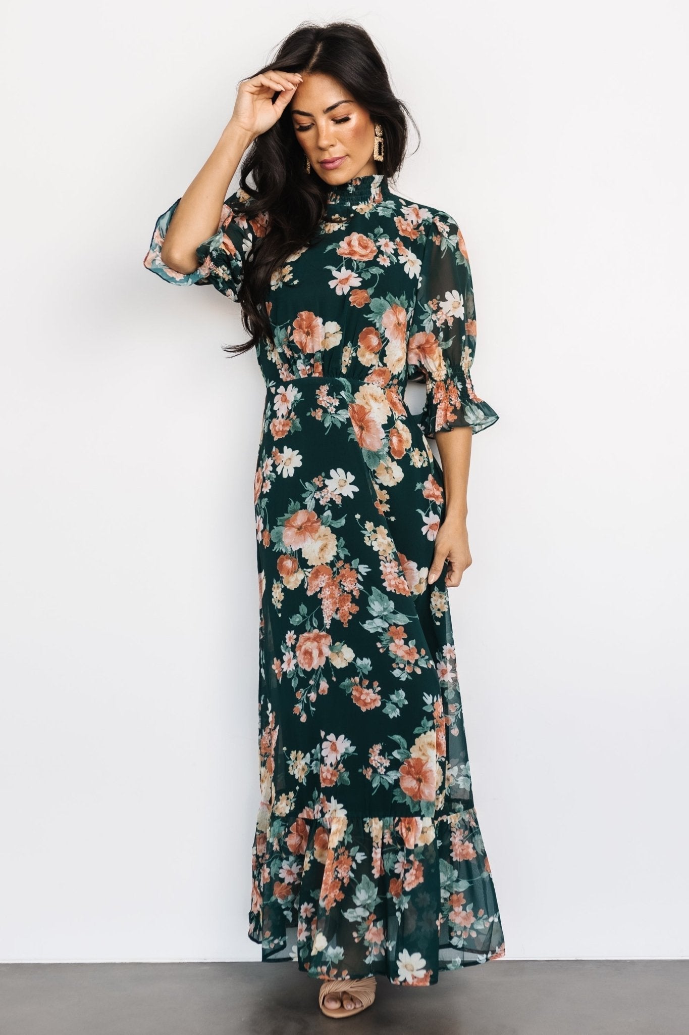 Marie Mock Neck Maxi Dress | Dark Green Floral