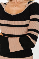 Marika Ribbed Dress | Camel + Black Stripe